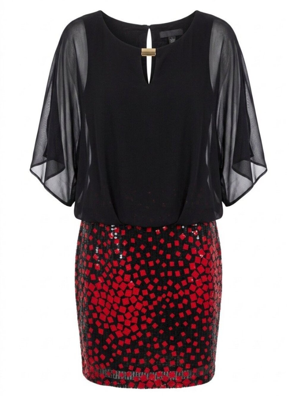 Polyester dress, Chelsea Suite, black top with red geometric block print skirt,